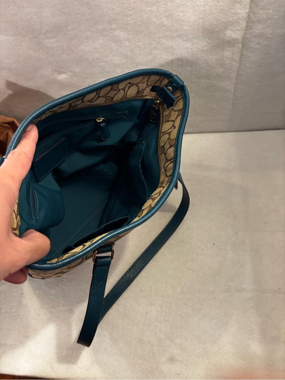 Coach Signature Canvas Tote with Teal Leather Trim - Picture 7 of 8